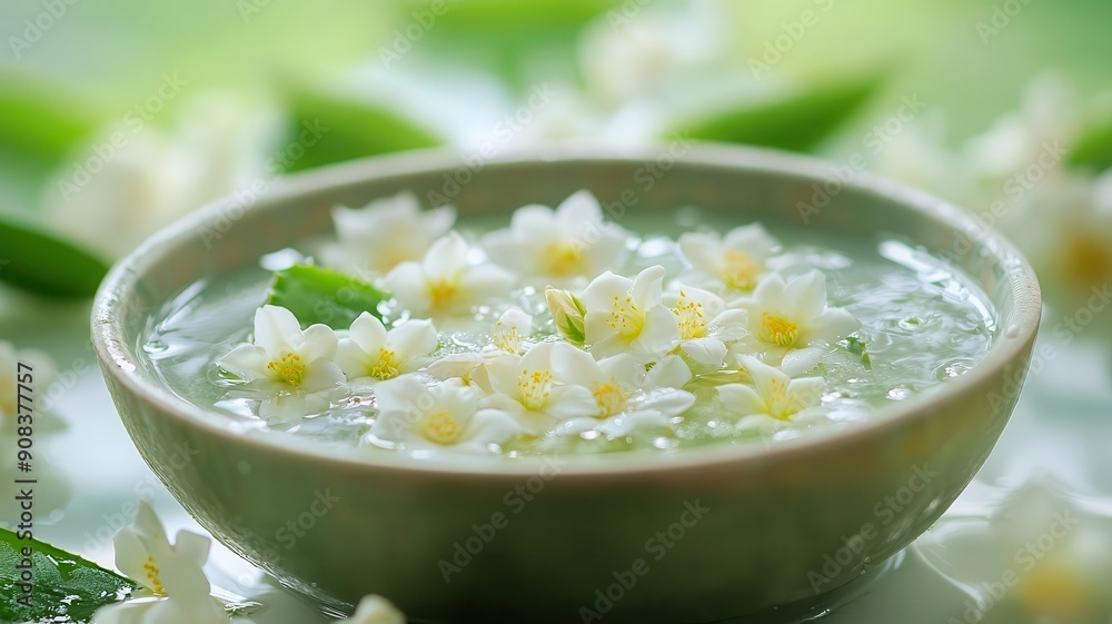 Foot soak basin with aloe vera and jasmine flowers, gentle spa, nourishment Foot soak basin with aloe vera and jasmine flowers, gentle spa, nourishment