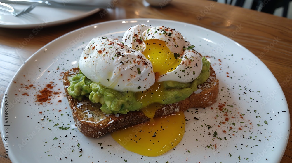 Avocado toast with poached eggs and spices. Avocado toast with poached eggs and spices.