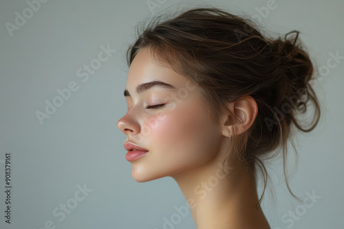 A close up of a girl's face with her eyes closed