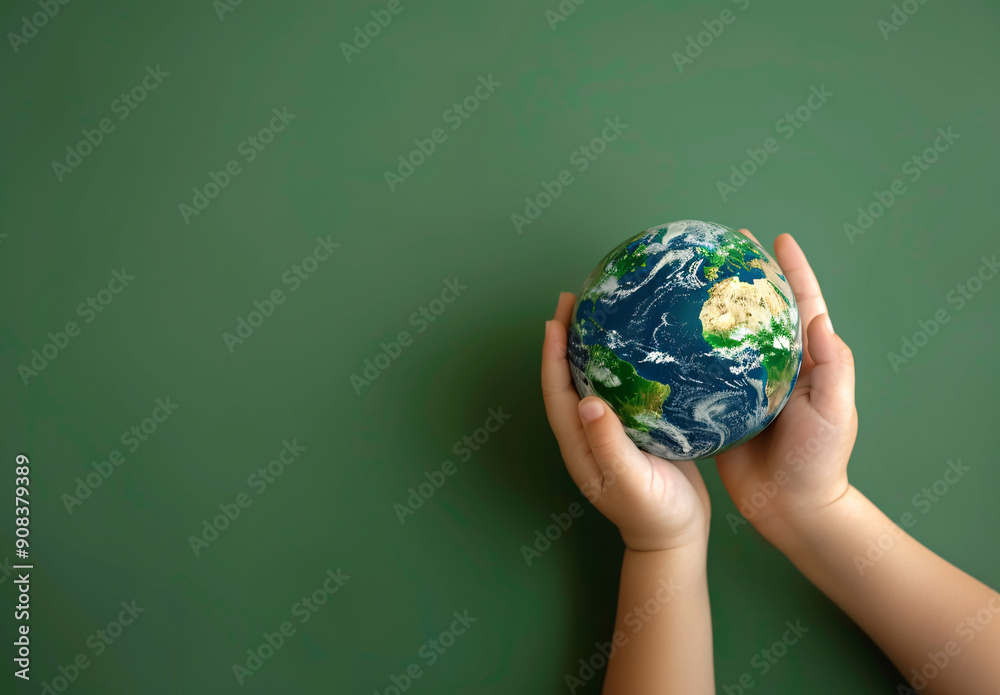 Child holding Earth globe on green background for World Wildlife Day Child holding Earth globe on green background for World Wildlife Day