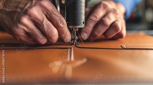 Detailed close-up of hands using a sewing machine to stitch leather material, highlighting precision and craftsmanship.