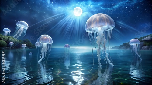 Underwater Dreams: A Tapestry of Jellyfish in a Moonlit Bay  AI generated photo