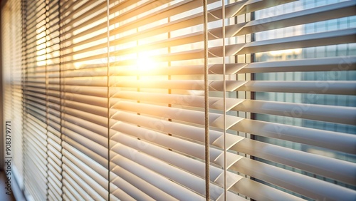 Sun-Dappled Tranquility: A Close-Up of Venetian Blinds Bathed in Warm Sunlight  generative AI