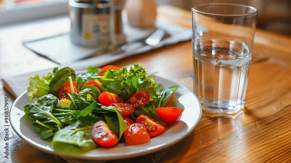 A simple salad with greens and cherry tomatoes on a plate with a glass of water. A simple salad with greens and cherry tomatoes on a plate with a glass of water.