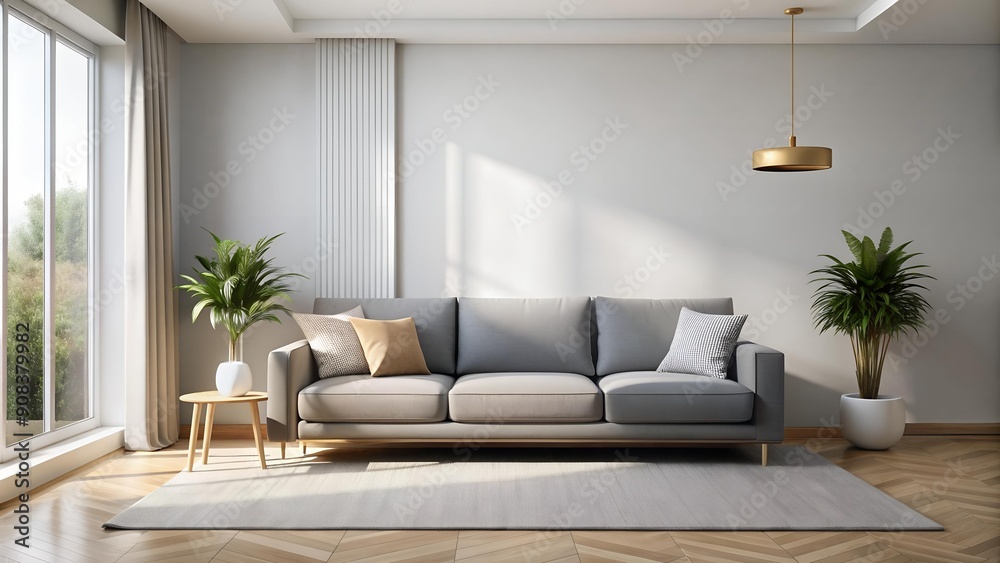 A Symphony of Greys: Minimalist Modern Living Room with a Plush Grey Sofa Generative AI A Symphony of Greys: Minimalist Modern Living Room with a Plush Grey Sofa Generative AI