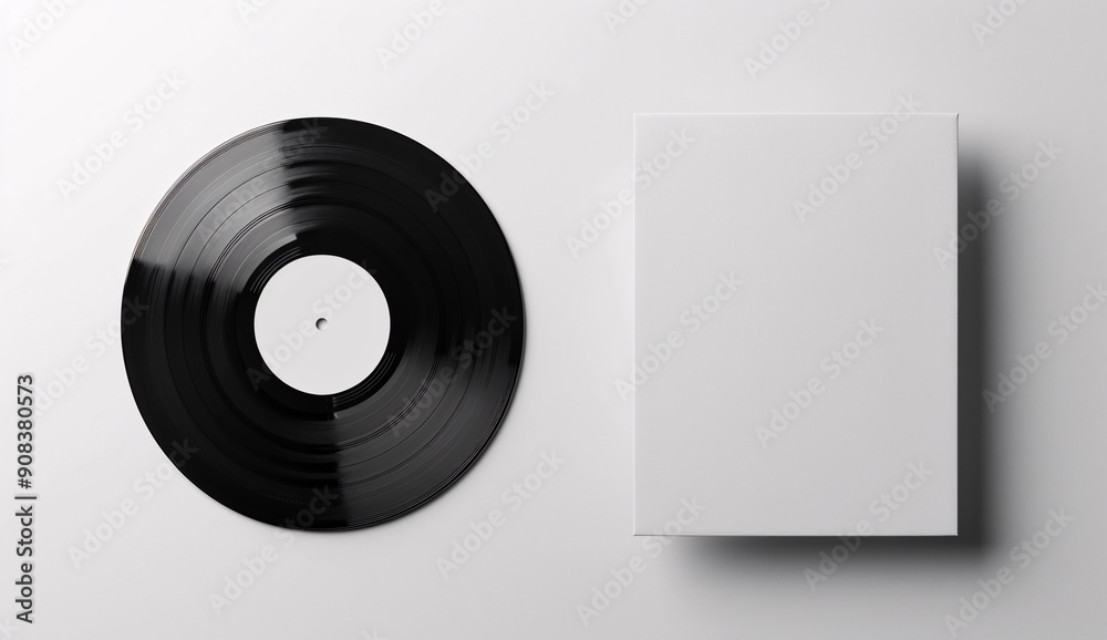 Minimalist high-resolution vinyl record and album cover on white background Minimalist high-resolution vinyl record and album cover on white background