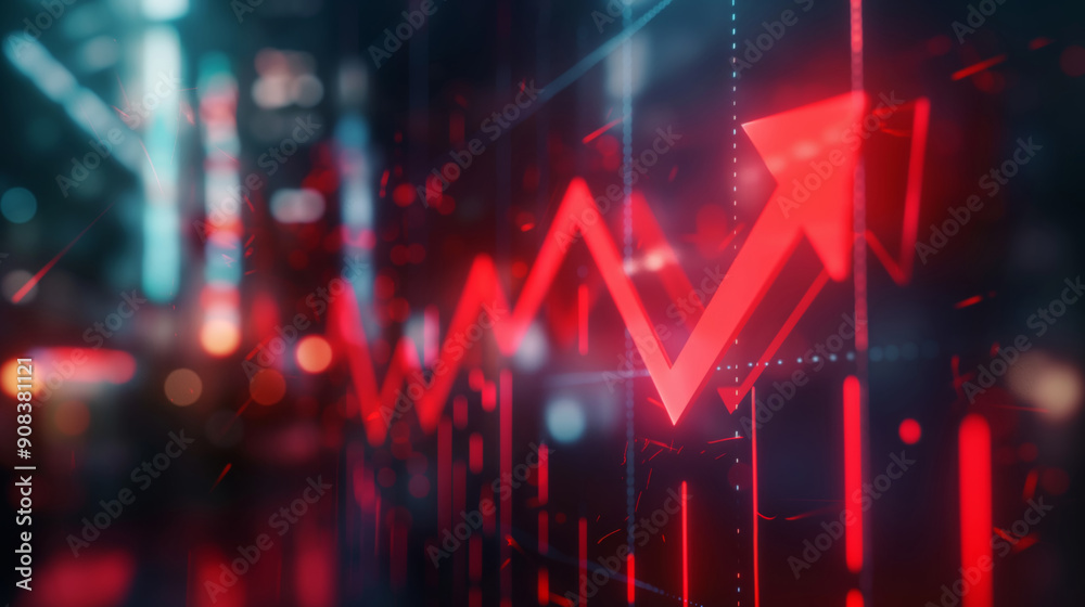 red arrow trending up, urban stock market screen sign information in cityscape red arrow trending up, urban stock market screen sign information in cityscape