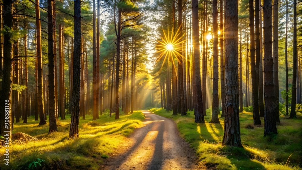 Fototapeta premium Sun Dappled Path Through a Pine Forest Generative AI