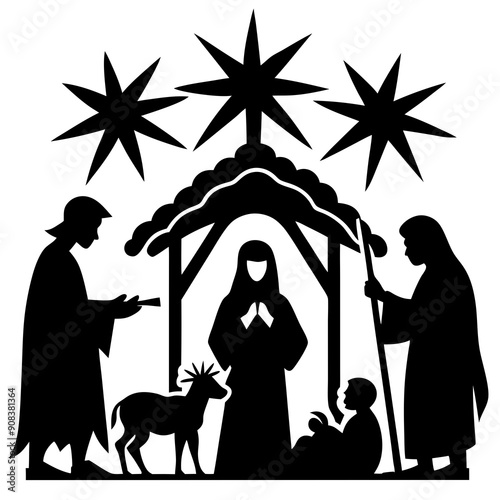 Nativity scene silhouette Jesus in manger, shepherd and wise men. Christmas story Mary Joseph and baby Jesus in nursery. The birth of Christ with Bethlehem star, vector illustration