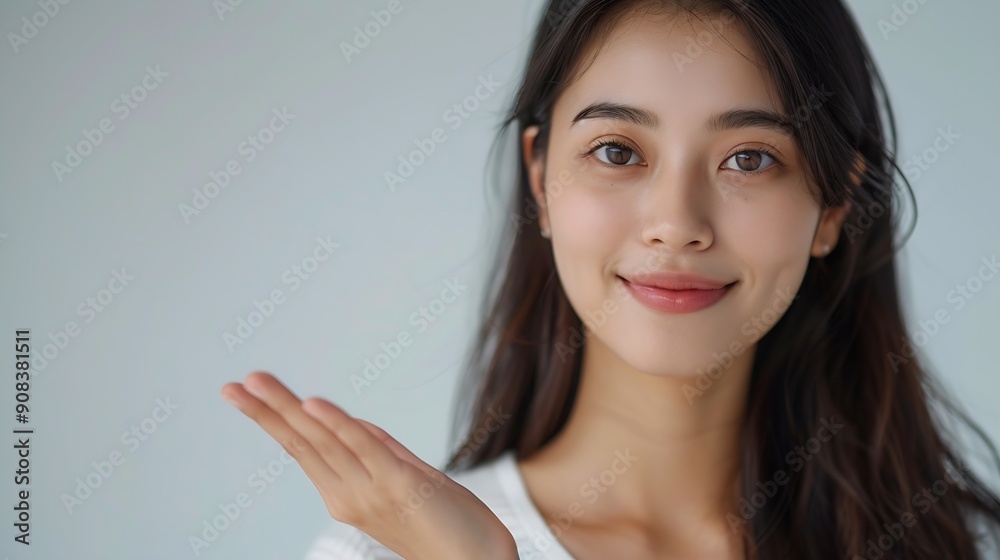 Happy young Asian woman presenting or showing open hand palm with copy space for product isolated on white background : Generative AI Happy young Asian woman presenting or showing open hand palm with copy space for product isolated on white background : Generative AI