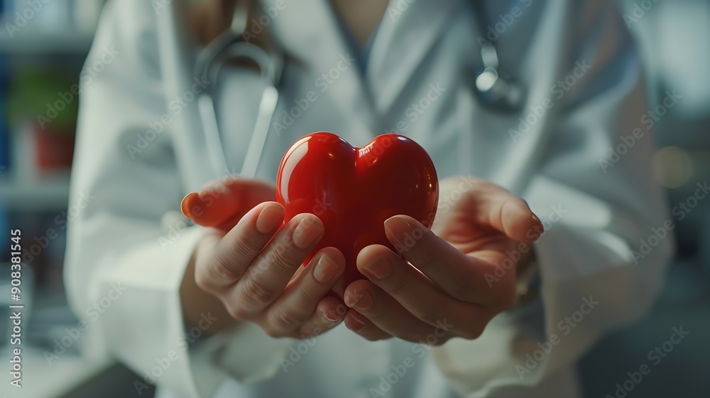 Doctor or cardiologist holding red heart in clinic or hospital concept for health care and healthy lifestyle : Generative AI Doctor or cardiologist holding red heart in clinic or hospital concept for health care and healthy lifestyle : Generative AI