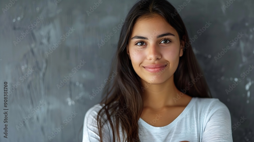 Portrait of a young latin woman with pleasant smile and crossed arms isolated on grey wall with copy space Beautiful girl with folded arms looking at camera against grey wall Cheerful : Generative AI Portrait of a young latin woman with pleasant smile and crossed arms isolated on grey wall with copy space Beautiful girl with folded arms looking at camera against grey wall Cheerful : Generative AI
