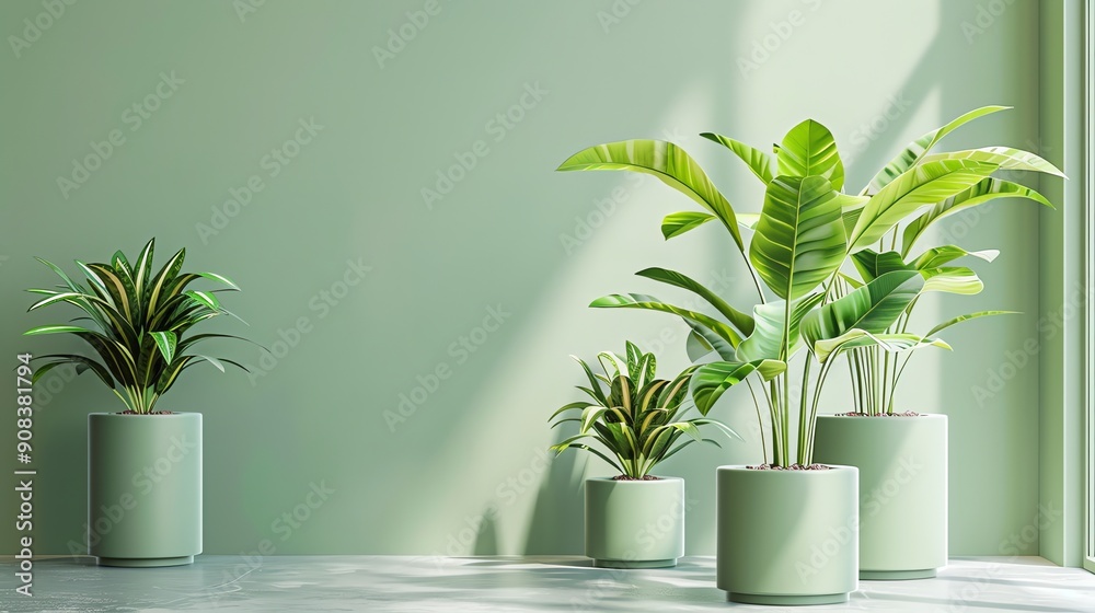 Three plants in pots, in front of a green wall. Three plants in pots, in front of a green wall.