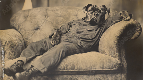 Vintage Cane Corso dog dressed as worker sleeping on hand-tinted sofa photo