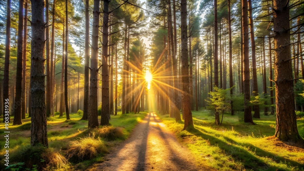 Sun Dappled Path Through a Pine Forest Generative AI Sun Dappled Path Through a Pine Forest Generative AI