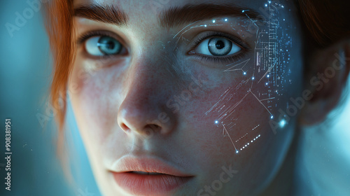 An abstract image dominated by a blurred central area, flanked by visible strands of hair and a person's ear, with dominant hues of orange and blue tones.