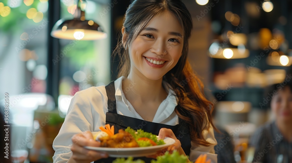 Asian waitress serving food to group of diverse customer in restaurant Attractive female server service woman work by deliver meal and drink to consumer at their table in dining room w : Generative AI Asian waitress serving food to group of diverse customer in restaurant Attractive female server service woman work by deliver meal and drink to consumer at their table in dining room w : Generative AI