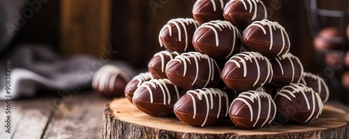 Chocolate peanut butter footballs stacked in a pyramid on a wooden platter, elegant display, footballshaped food, chocolate dessert photo