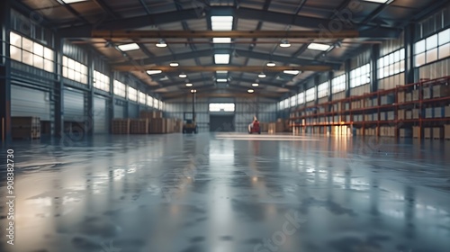 Warehouse interior blurred Empty warehouse without anyone Old warehouse interior without shelving Spacious hangar with metal roof Storage room with forklift Rental industrial premises : Generative AI