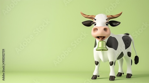 A cartoon cow with a bell is standing on a green background.