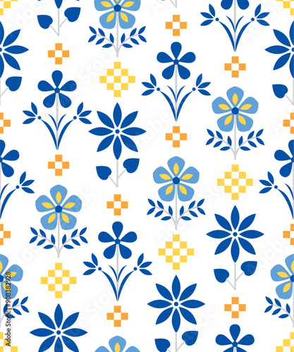 モザイクタイル風のシームレスなイラスト　花　ブルー＆イエロー
