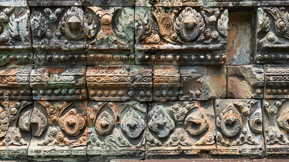 A close up of stone carvings on an ancient temple wall. A close up of stone carvings on an ancient temple wall.