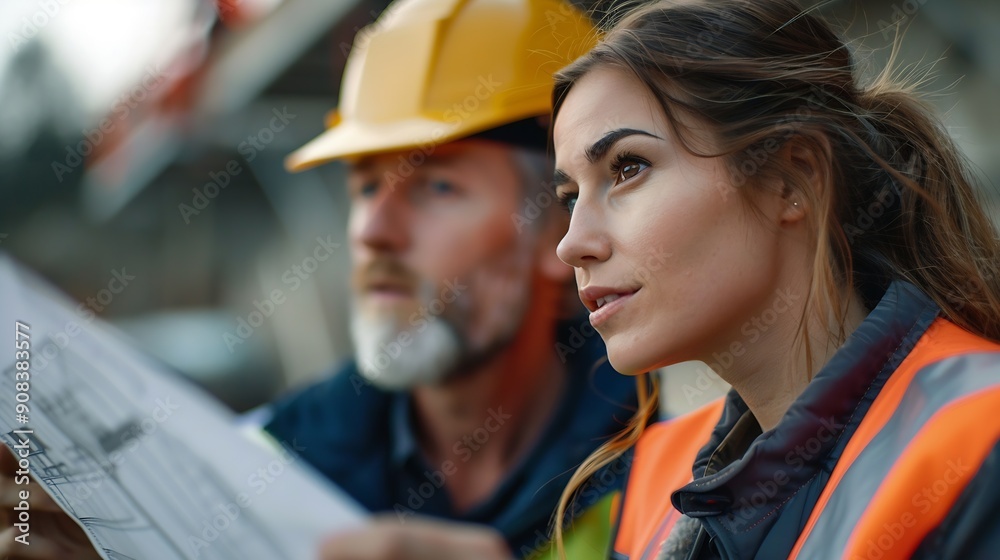 Young woman architect explaining blueprint to supervisor wearing safety vest at construction site Mid adult contractor holding blueprint and understanding manager vision at constructio : Generative AI Young woman architect explaining blueprint to supervisor wearing safety vest at construction site Mid adult contractor holding blueprint and understanding manager vision at constructio : Generative AI