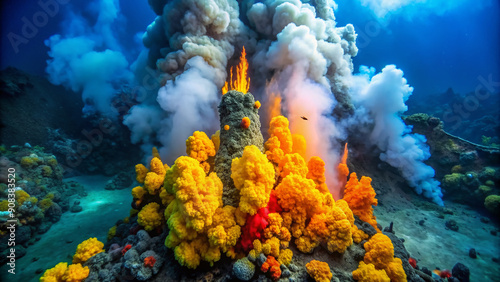 A mesmerizing deep sea hydrothermal vent erupts with vibrant orange and yellow smokers, surrounded by a diverse array of exotic marine life.