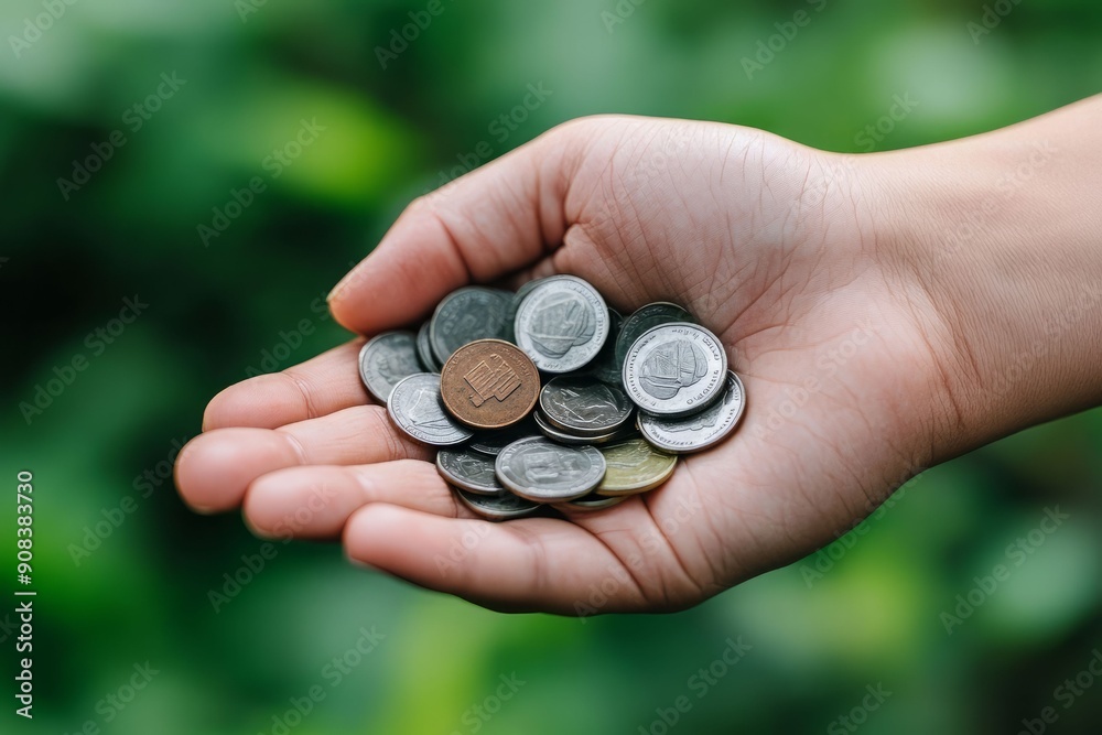 A hand holding an assortment of coins, showcasing various denominations against a blurred, green background. A hand holding an assortment of coins, showcasing various denominations against a blurred, green background.
