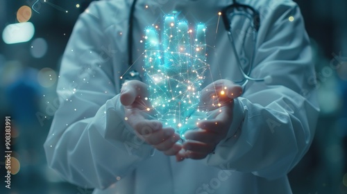 Health care and medical AI technology services conceptMedical worker hold virtual medical revolution and advance of technology Artificial Intelligence and technology for future Health : Generative AI photo