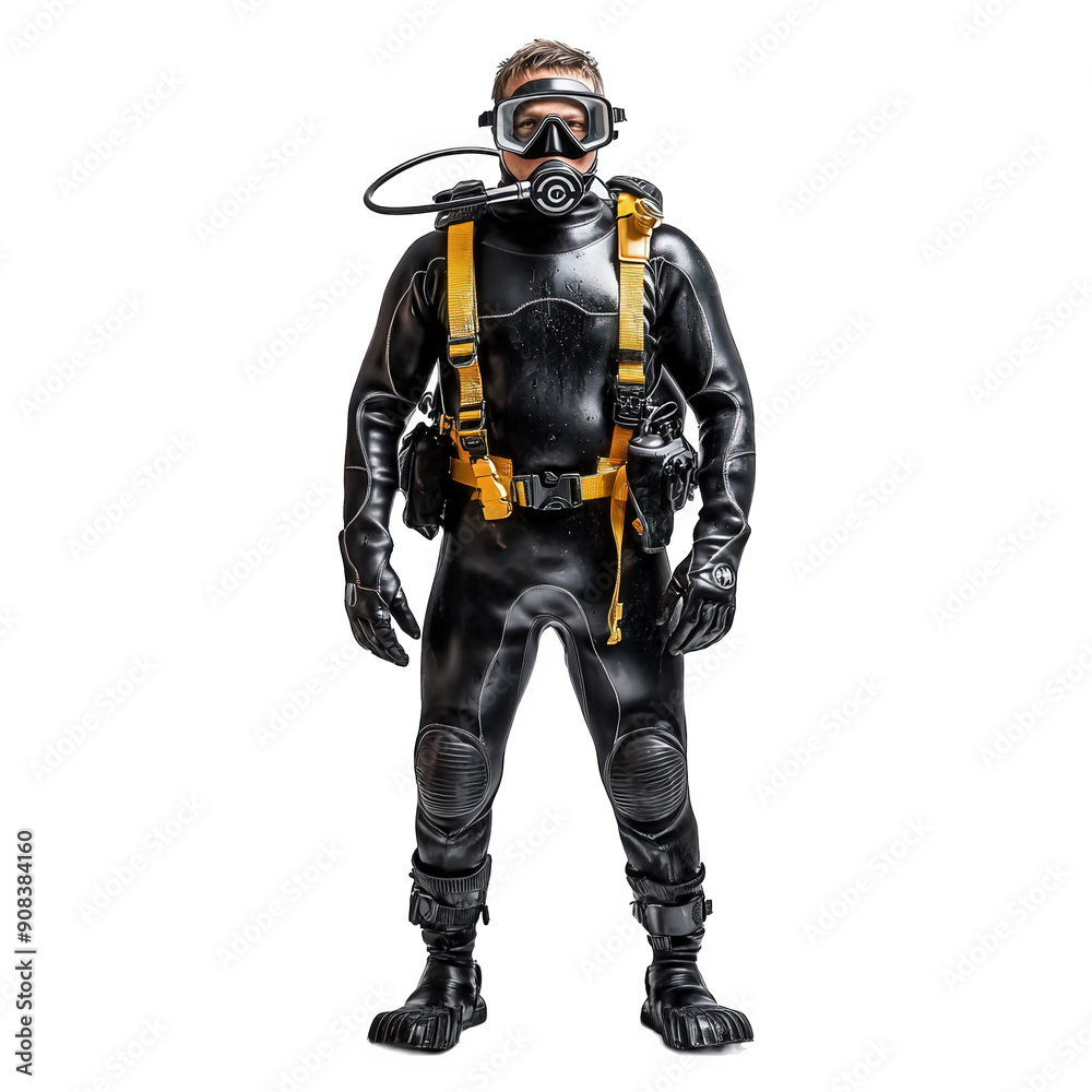 Fototapeta premium Man In Scuba Diving Outfit Wearing Diving Mask And Snorkel On Transparent Png Background For Adventure Look Advertisements . Generative ai