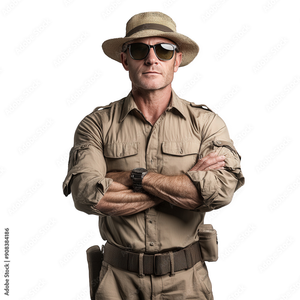 Fototapeta premium Man In Safari Outfit Wearing Polarized Sunglasses On Transparent Png Background For Outdoor Look Advertisements . Generative ai