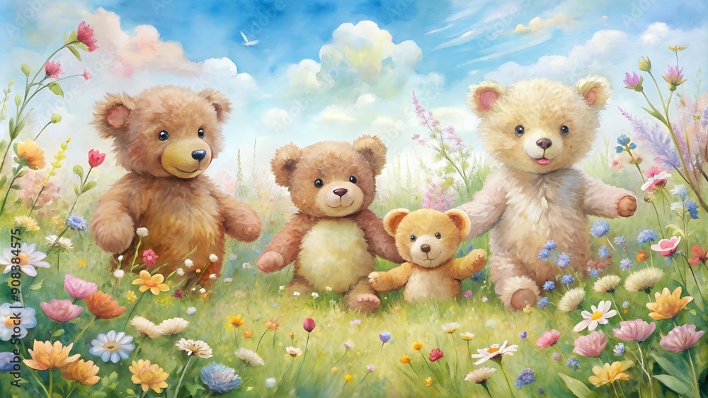 Whimsical Watercolor Teddy Bears in a Blooming Meadow generative AI Whimsical Watercolor Teddy Bears in a Blooming Meadow generative AI