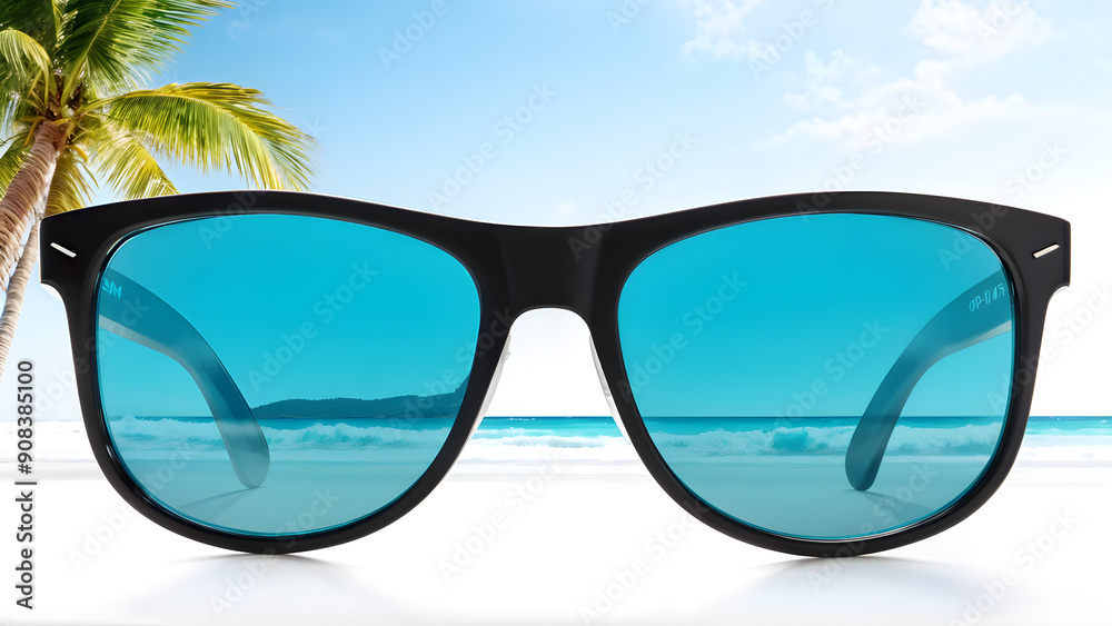 Stylish aviator sunglasses reflecting a tropical beach scene, isolated on white background, full depth of field Stylish aviator sunglasses reflecting a tropical beach scene, isolated on white background, full depth of field