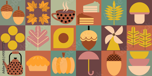 Autumn. Geometric seamless pattern mosaic in scandinavian style. Poster for sale, banner, cover, flyer.