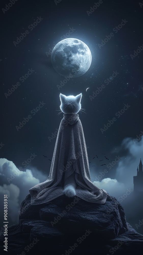 A mystical cat gazes at a luminous moon, wrapped in a cloak, surrounded by an enchanting night sky filled with stars. A mystical cat gazes at a luminous moon, wrapped in a cloak, surrounded by an enchanting night sky filled with stars.