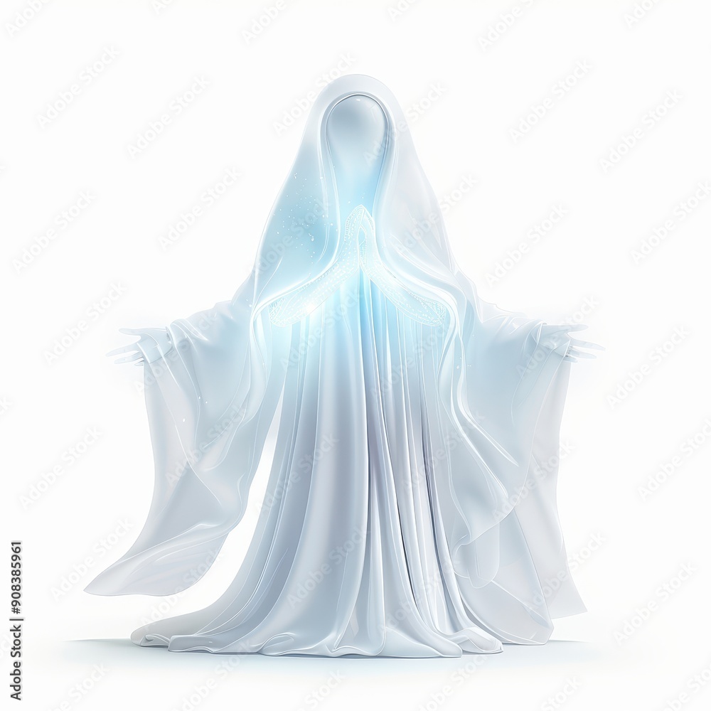 A mystical ghost figure enveloped in flowing white fabric, radiating a soft, ethereal glow that enhances its haunting presence. A mystical ghost figure enveloped in flowing white fabric, radiating a soft, ethereal glow that enhances its haunting presence.