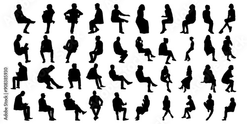 silhouette of sitting people man woman, men women Vector silhouettes of men women, a group of sitting on a bench chair business people, profile, black color isolated on white background	