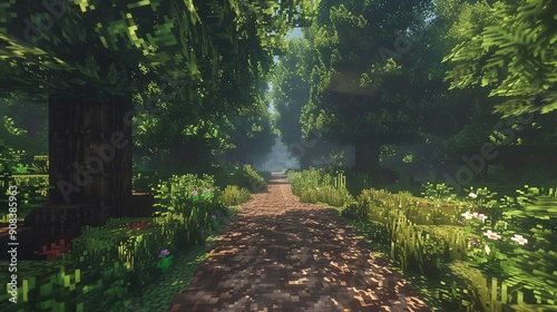 A path through a lush green forest, rendered in a pixelated style.