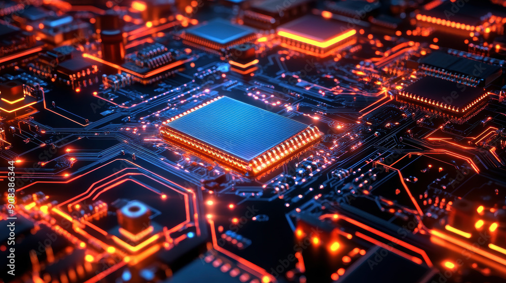 A computer chip is lit up in orange and blue. The chip is surrounded by other computer chips and wires A computer chip is lit up in orange and blue. The chip is surrounded by other computer chips and wires