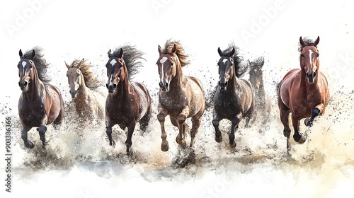 8 Horses running show speed and power, movements water color, High Resolution HD Ultra Sharpness No Alphabet No blur No spash No dust No grunge