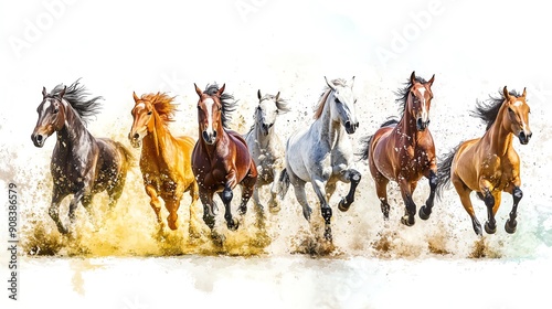 8 Horses running show speed and power, movements water color, High Resolution HD Ultra Sharpness No Alphabet No blur No spash No dust No grunge