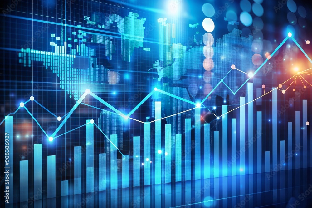 A blue and white graph with a world map in the background A blue and white graph with a world map in the background