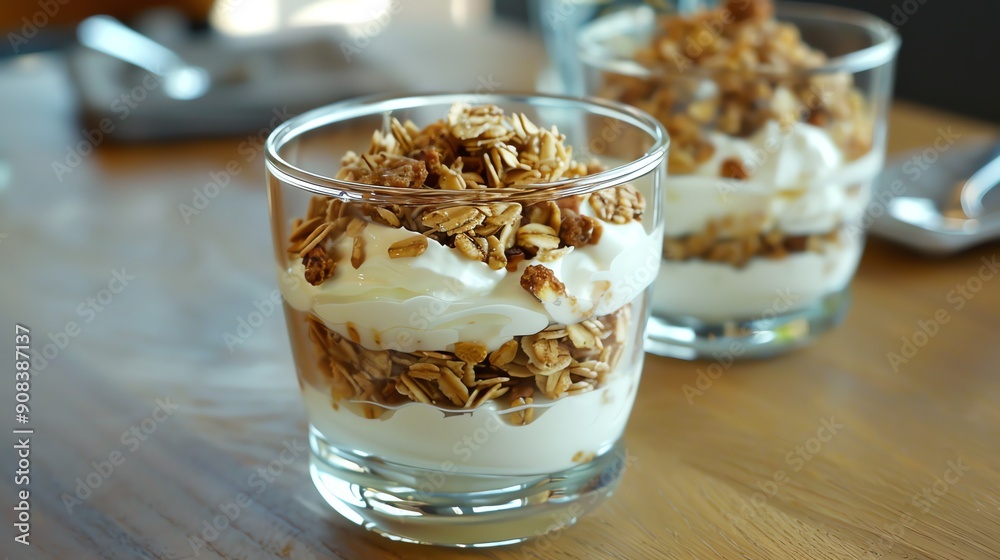Close up of a parfait with granola, yogurt, and fruit. Close up of a parfait with granola, yogurt, and fruit.