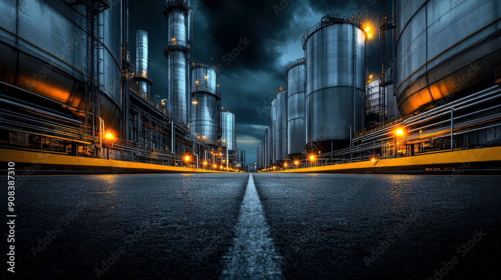 Naklejka premium A city skyline with a large industrial area. The sky is dark and cloudy