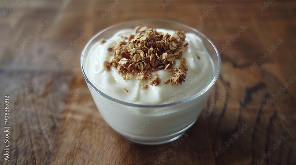 A bowl of yogurt topped with granola on a wooden table. A bowl of yogurt topped with granola on a wooden table.