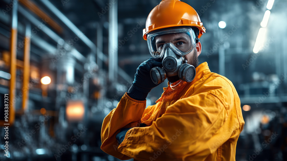 A man in a yellow safety suit with a gas mask on his face. He is wearing an orange helmet A man in a yellow safety suit with a gas mask on his face. He is wearing an orange helmet
