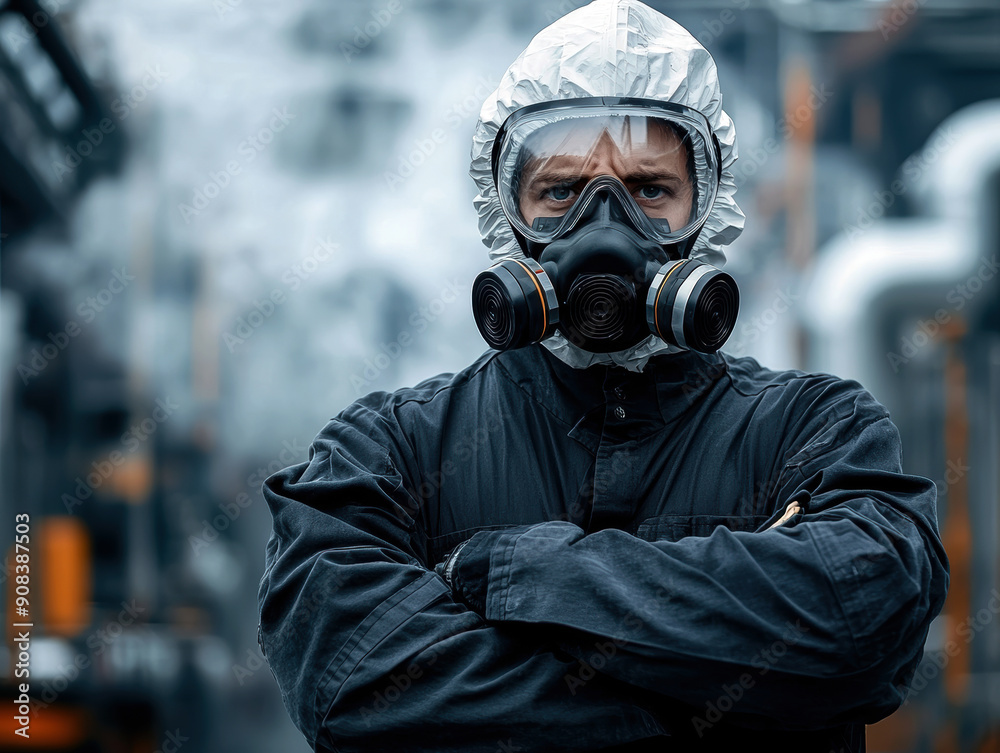 A man in a hazmat suit is standing in front of a smokestack. He is wearing a gas mask and has his arms crossed. Concept of danger and caution A man in a hazmat suit is standing in front of a smokestack. He is wearing a gas mask and has his arms crossed. Concept of danger and caution