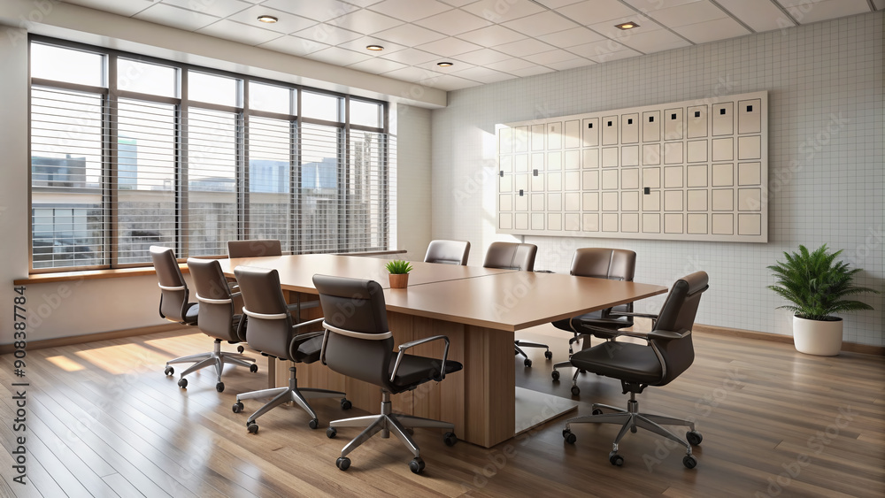 Empty conference room with a table, chairs, and a schedule on the wall, awaiting a parent-teacher meeting or conference, with natural light and minimal decor. Empty conference room with a table, chairs, and a schedule on the wall, awaiting a parent-teacher meeting or conference, with natural light and minimal decor.