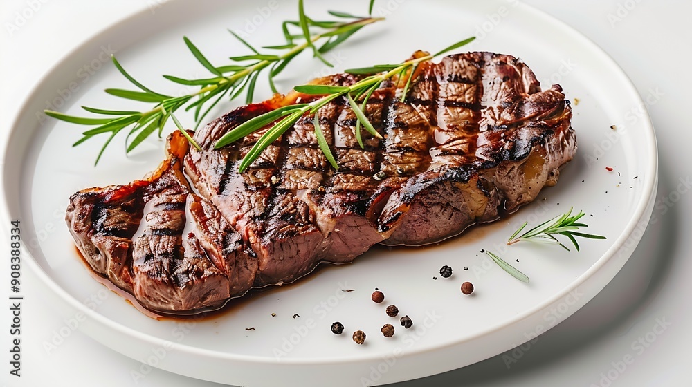 Beef steak served in plate on white background Grilled steak medium rare : Generative AI
